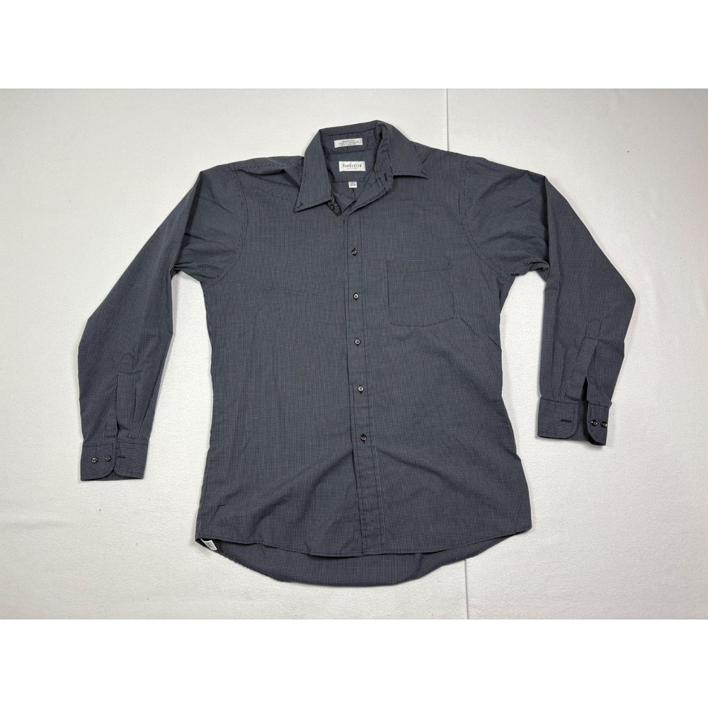 Van Heusen Mens Navy Blue Micro Gingham Broadcloth Dress Shirt 15.5 34/35